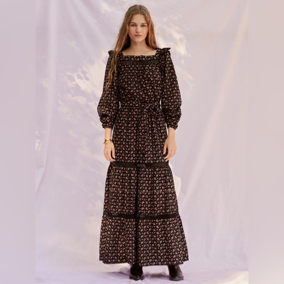 sonmer Dresses & Skirts - Smocked Floral Maxi Dress in Black with Pink Accents